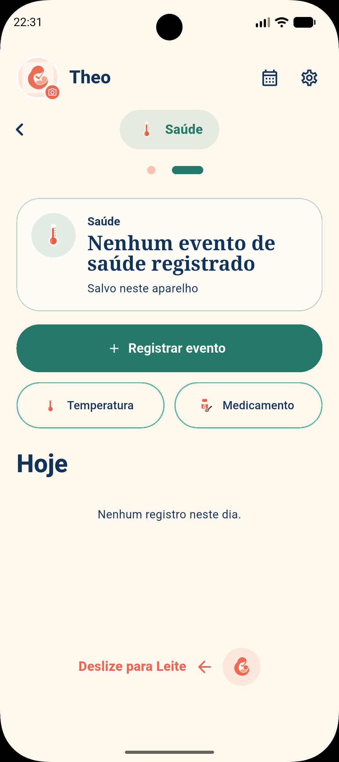 Tela do MAMA para registro de saúde